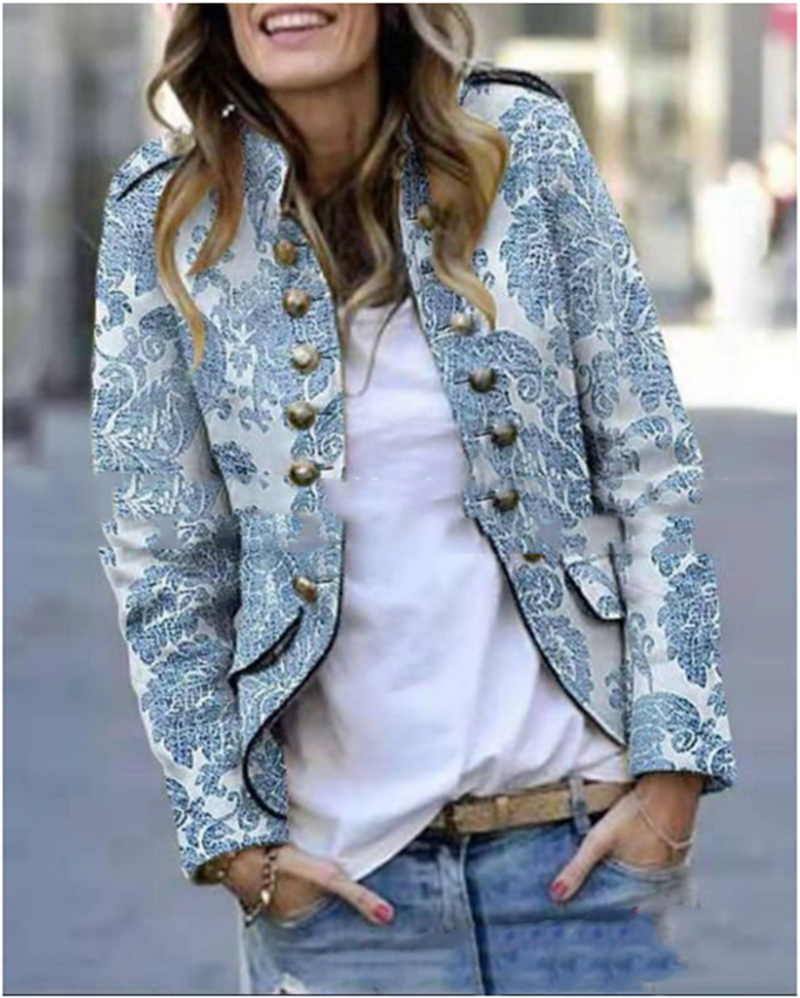 Fashion Button Printed Blazer Top