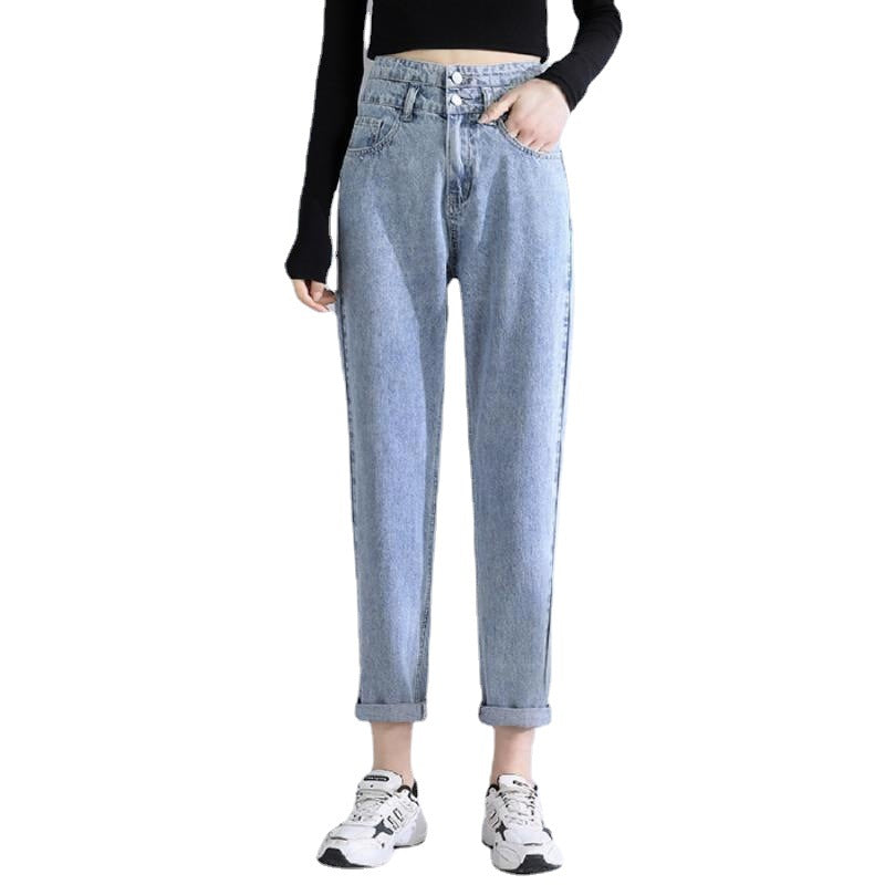 Double Buckle High Waist Loose Slim Jeans Women Covering Meat