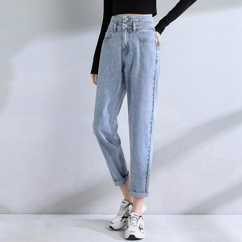 Double Buckle High Waist Loose Slim Jeans Women Covering Meat