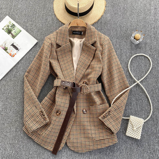 Fashion Polyester Women's Double-breasted Plaid Blazer