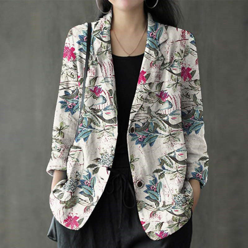 Women's Cotton Linen Print Pocket Blazer