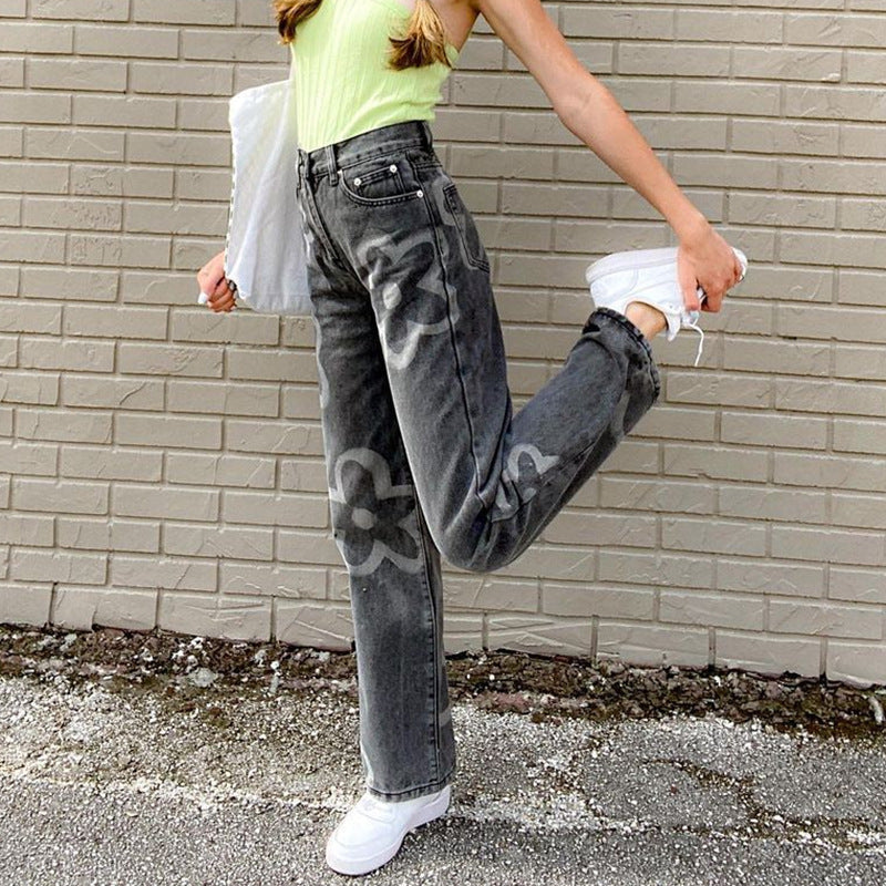 Fashion Street Graffiti Straight Leg High Waist Jeans Women