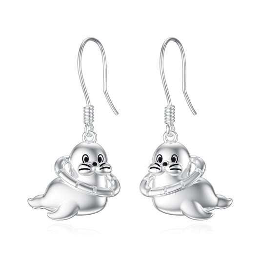 Seal Sea Lion Animal Dangle Earrings in White Gold Plated Sterling Silver