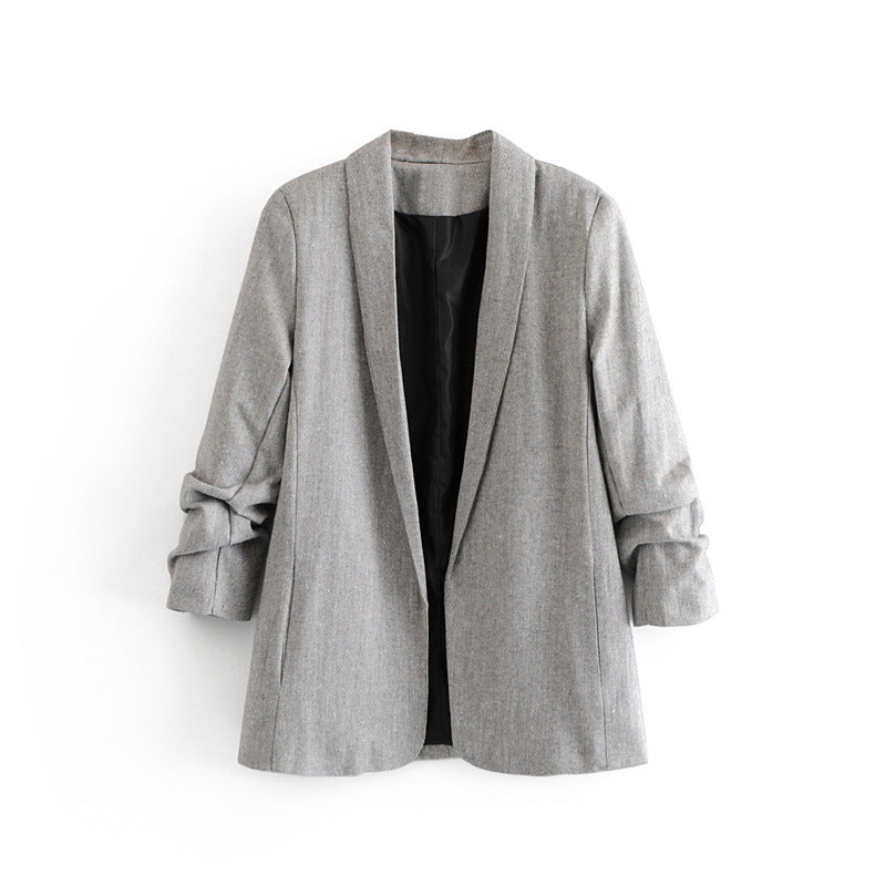 Women's Herringbone Pleated Sleeve Blazer