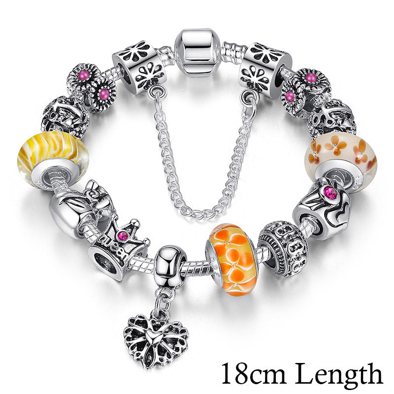 Jewelry Silver Charms Bracelet & Bangles With Queen Crown Beads Bracelet for Women