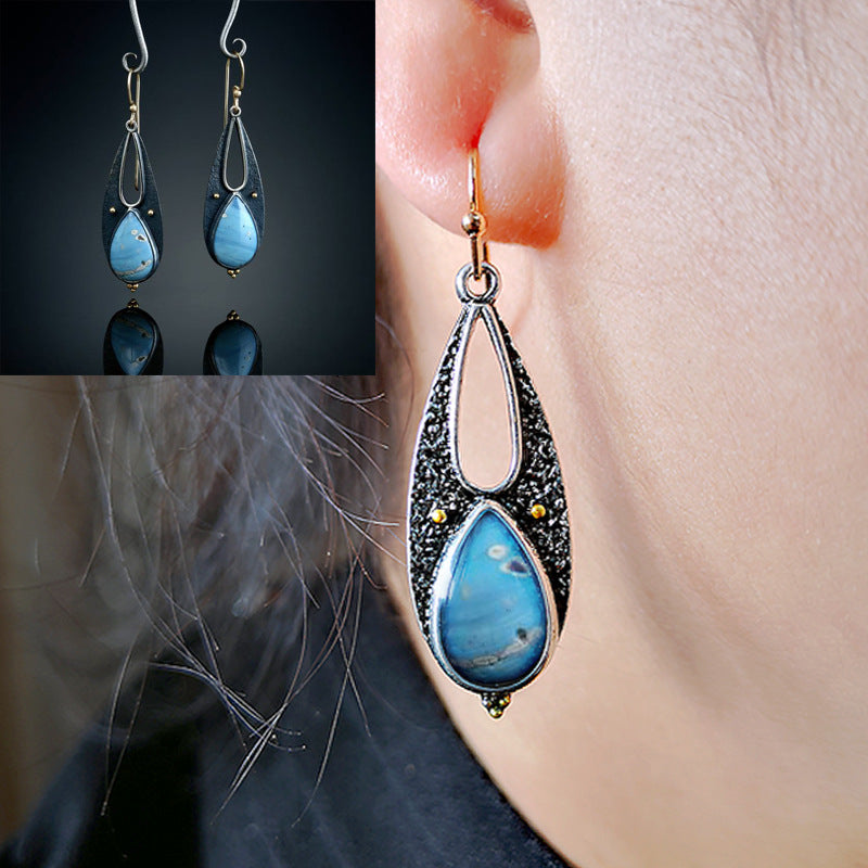 Vintage Tear Drop Blue Resin Earrings for Women Boho Ethnic Tribal Handmade Metal Dangle Long Pendant Earring Brincos