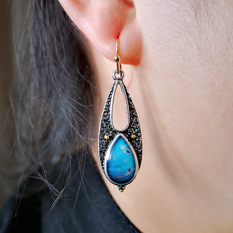Vintage Tear Drop Blue Resin Earrings for Women Boho Ethnic Tribal Handmade Metal Dangle Long Pendant Earring Brincos