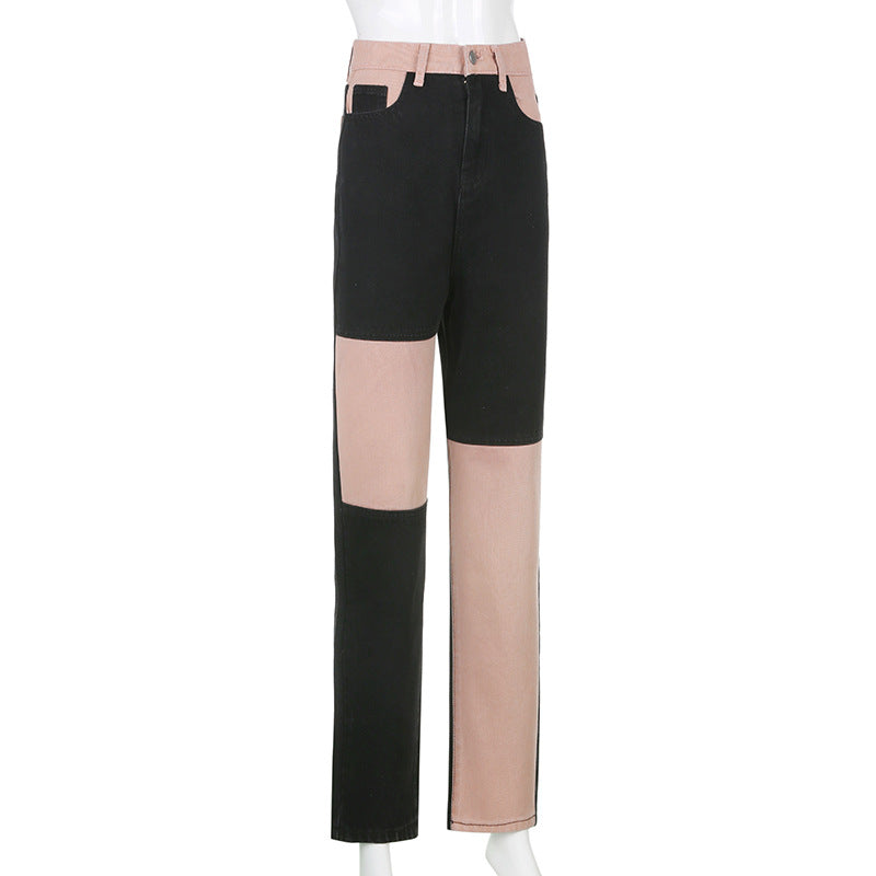 Contrasting Stitching High-rise Straight-leg Jeans Women