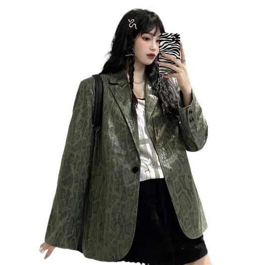 Harajuku Army Green Snake Print Loose Thin Blazer