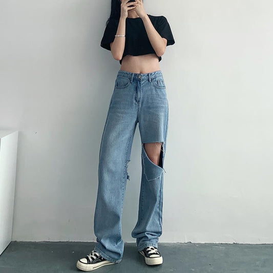 High Waist Ripped Loose Straight Leg Jeans Women Mopping Pants