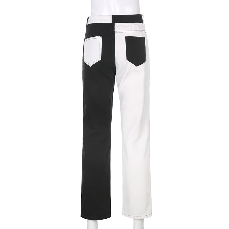 Black And White Patchwork Jeans For Women High Waisted