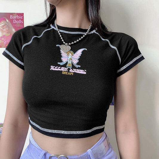 Womens Butterfly Letter Print Cropped Top Round Neck Short Sleeve T Shirt