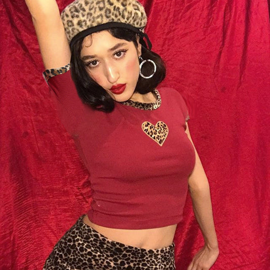 Sexy Leopard Print Love Contrast Color Slim Short Cropped T-shirt Top