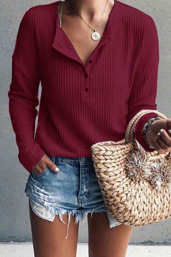 Buttoned V-neck Long-sleeved Blouse