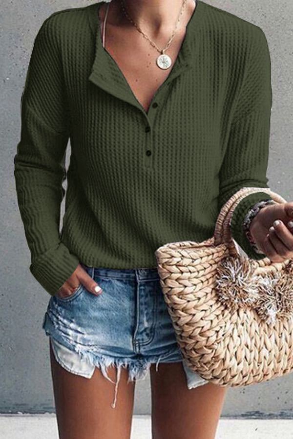 Buttoned V-neck Long-sleeved Blouse