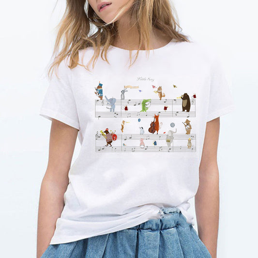 Ladies Cute Cartoon Music Zoo Print Ladies T Shirt