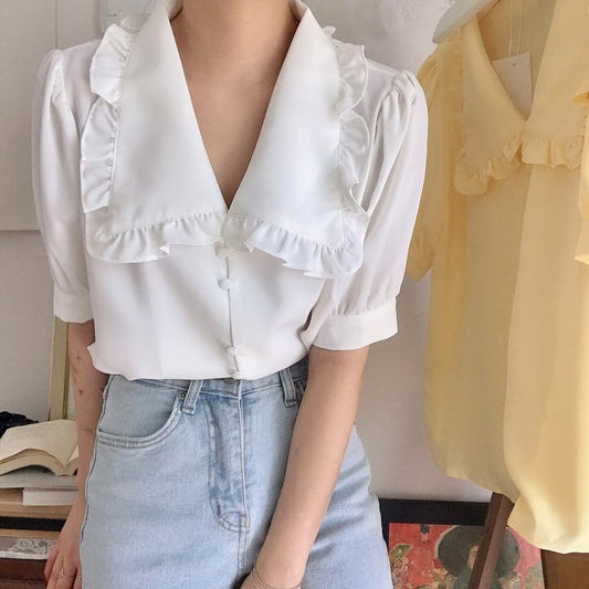 Sweet Short White Chiffon Blouse Women Ruffled Slim Women Shirt Tops Korean