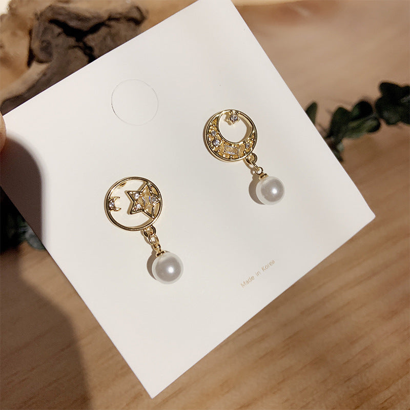 Yhpup Fashion Elegant Luxury Zirconia Dangle Earrings Moon Star Geometric Shell Pearls S925 Earrings Female Party Jewelry Gift