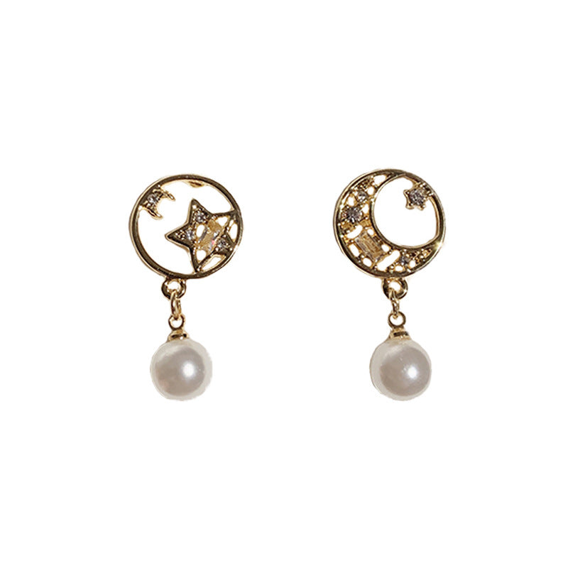 Yhpup Fashion Elegant Luxury Zirconia Dangle Earrings Moon Star Geometric Shell Pearls S925 Earrings Female Party Jewelry Gift