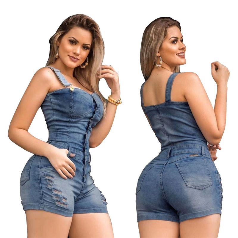 Plus Size Elegance Cotton Jeans Woman Ladies Short Romper