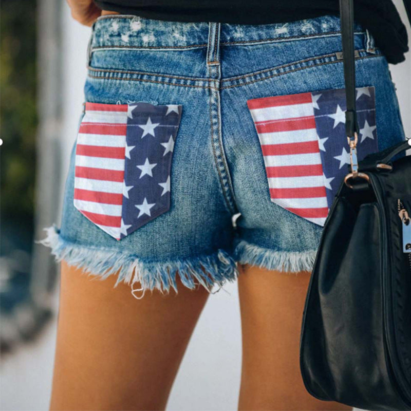 Summer Jeans Women Print Shorts With Ripped Fringe Fringe