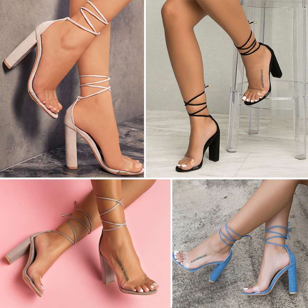 Wish Cross-border Foreign Trade Large Size High Heel Sandals Ladies Thick Heels Fashion Ankle Strap High Heels High Heels