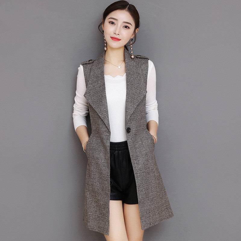 Plaid Long Blazer Vest Women Sleeveless Jacket