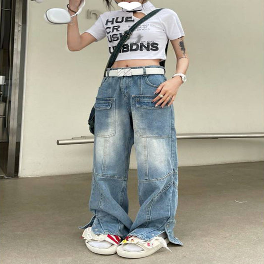 American Retro Multi Pocket Overalls Jeans For Women