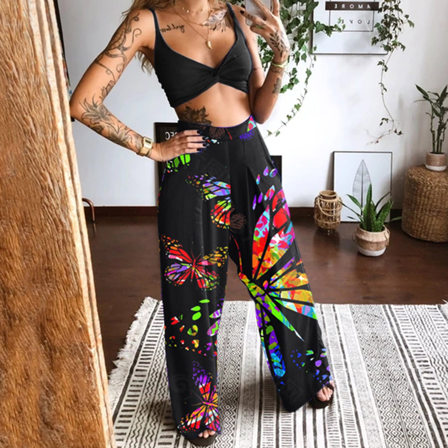 Sleeveless Printed Tank Top Black Pants Set Sling