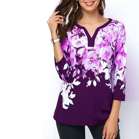 Europe and America printed V-neck blouse