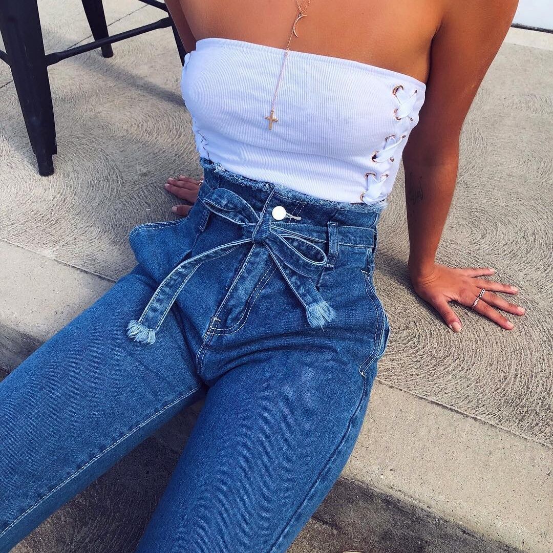 vintage tassels high waist jeans with gu charge women summer autumn