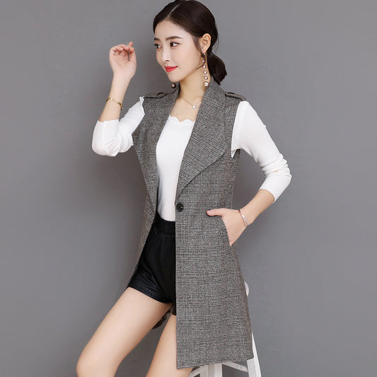 Plaid Long Blazer Vest Women Sleeveless Jacket