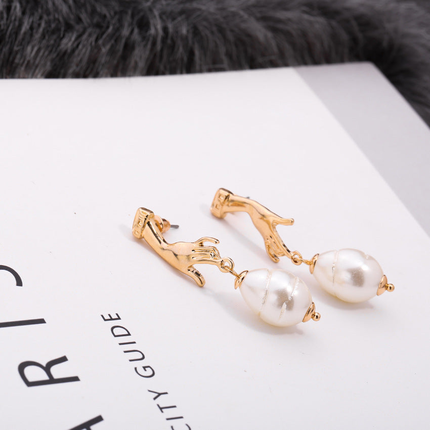 Abstract Cutout Hand Palm Pearl Dangle Earrings Gold Filled