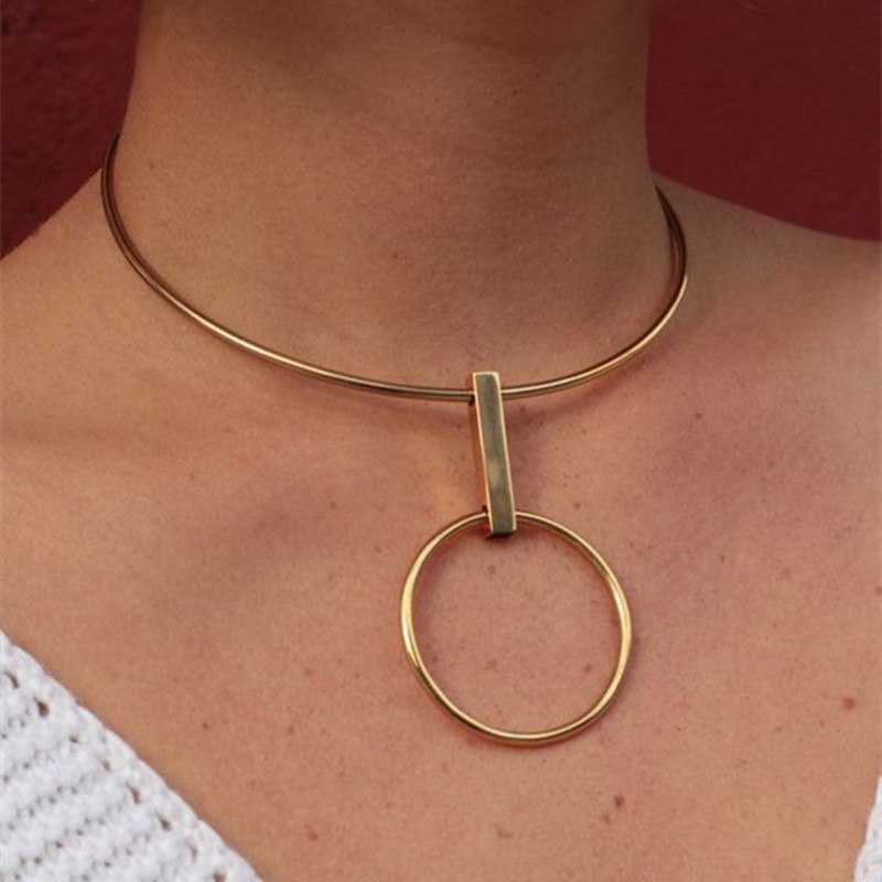 Women Collar Choker Necklace Big Circle Geometric Metal Pendants Torques Statement Necklaces