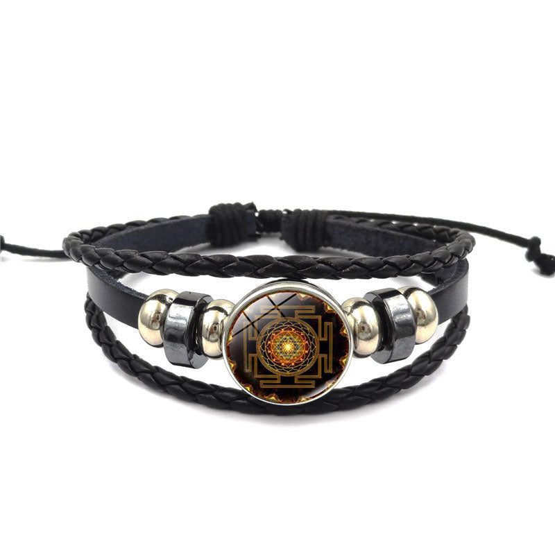 Sacred Geometry Sri Yantra Glass Buckle Charm Bracelets & Bangles Multilayer Leather Bracelets for Women Men Jewelry