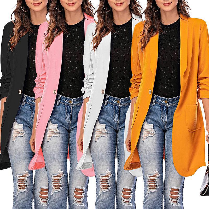 Three-quarter Sleeve Women's Long Pocket Coat Blazer