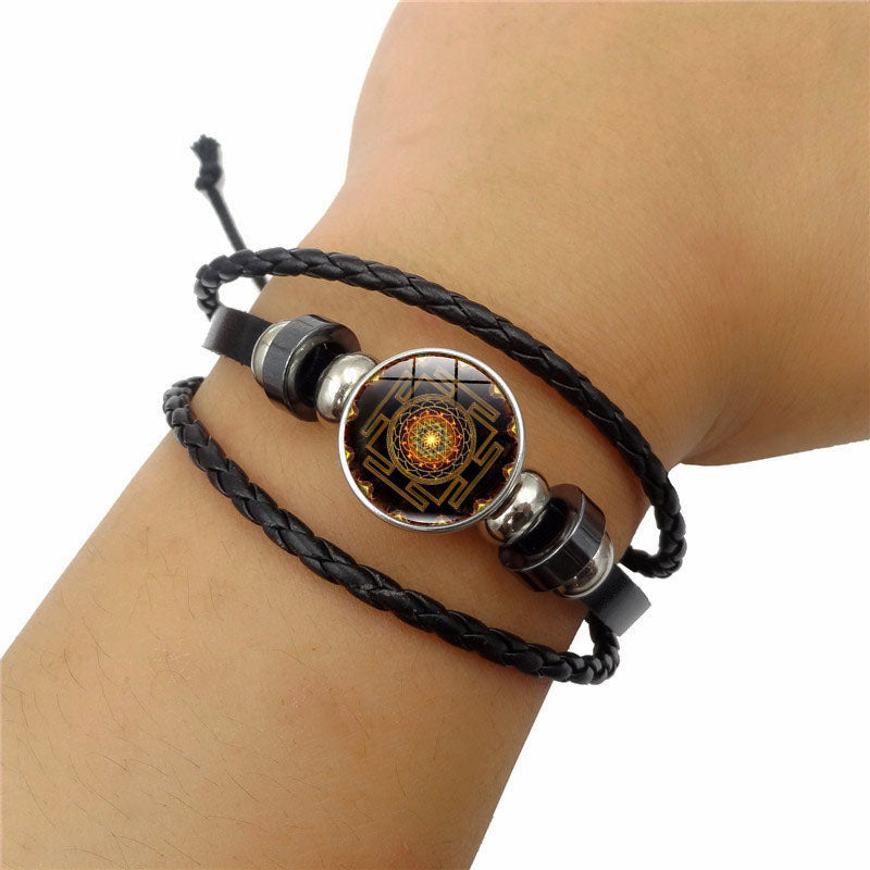 Sacred Geometry Sri Yantra Glass Buckle Charm Bracelets & Bangles Multilayer Leather Bracelets for Women Men Jewelry