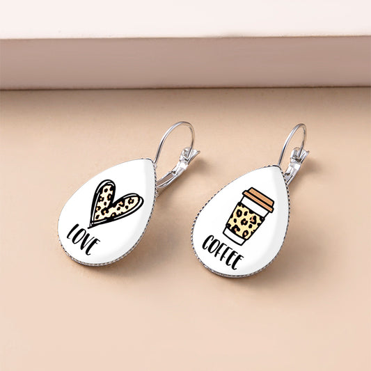 Funny Love Coffee Doodle Glass Dangle Earrings For Women