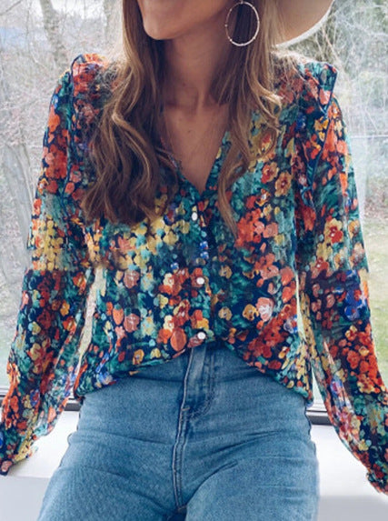 Women's fashion long sleeve Floral blouse