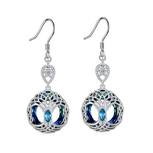 Blue Crystal Celtic Tree Of Life Dangle Earrings For Women