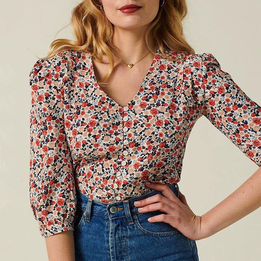 Retro buttoned short cropped sleeve shirt top