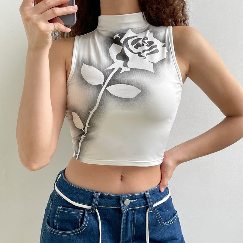 Individual Rose Print High Short Sleeveless Tank Top