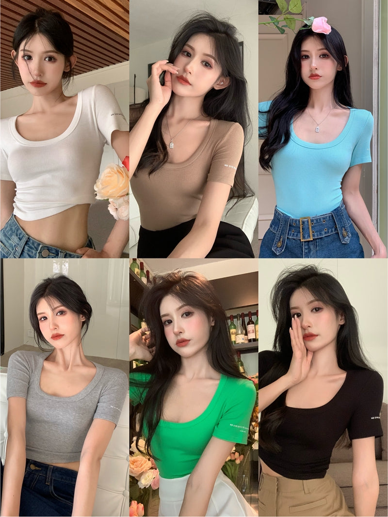 Stretch Ribbed Cotton Short-sleeved T-shirt Slim Fit Cropped Top