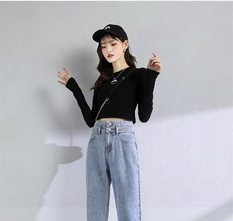 Double Buckle High Waist Loose Slim Jeans Women Covering Meat