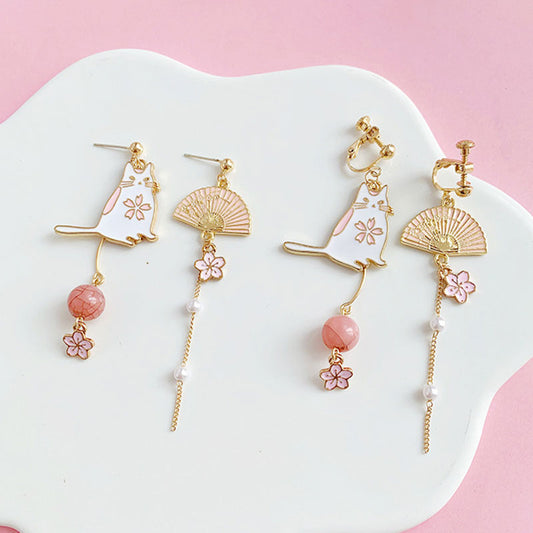 Asymmetrical Stud Earrings Flower Tassel Earring Ear Clip