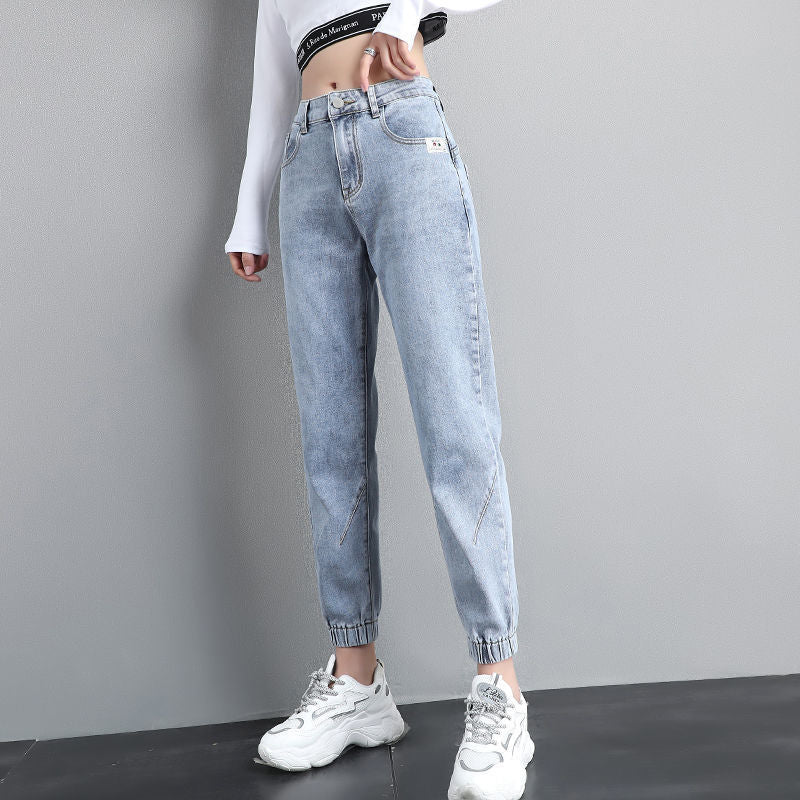 Women Streetwear Ankle Banded Jeans Korean Fashion Baggy