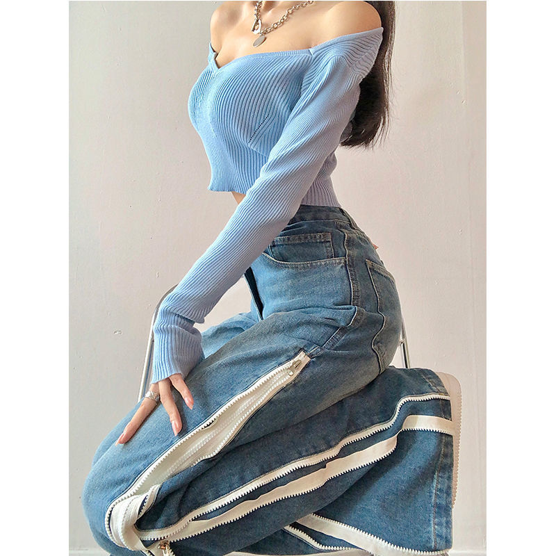 Double-layer Side Zipper Wide Leg Jeans Women Loose