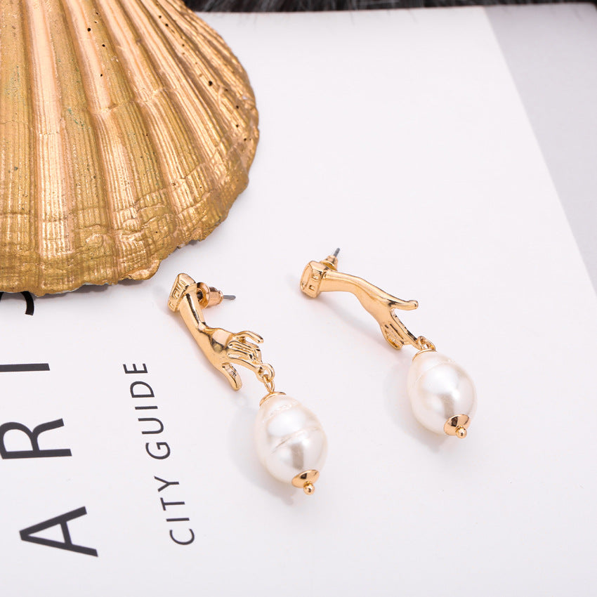 Abstract Cutout Hand Palm Pearl Dangle Earrings Gold Filled