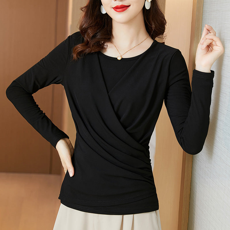 Crew Neck Crisscross Pleated Bottoming Ladies Blouse Top