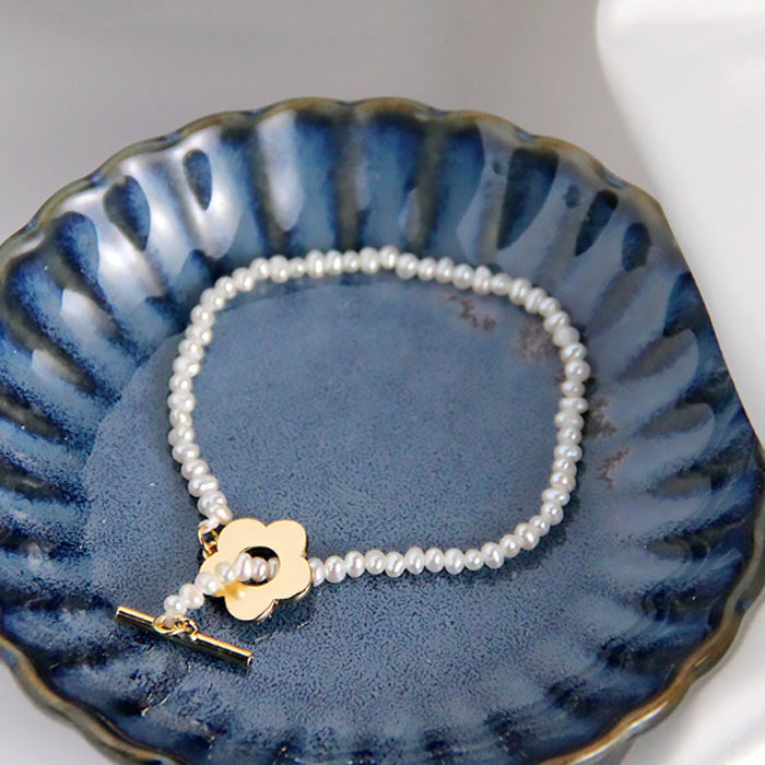 Sterling Silver Natural Pearl Flower Bracelet Handmade Irregular Pearl Bead Bracelets for Women Silver